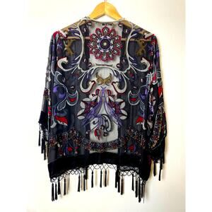 Vintage JBS Women's Sheer Fringe Kimono Shirt Black Beaded Artsy Boho Rocker